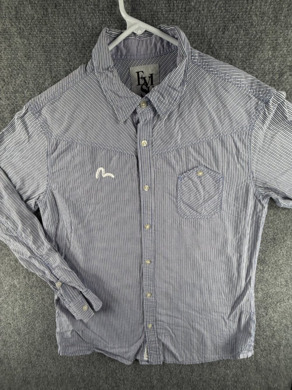 Evisu Medium - XL Button Up Shirt Striped Blue Long Sleeve Designer Pocket Logo
